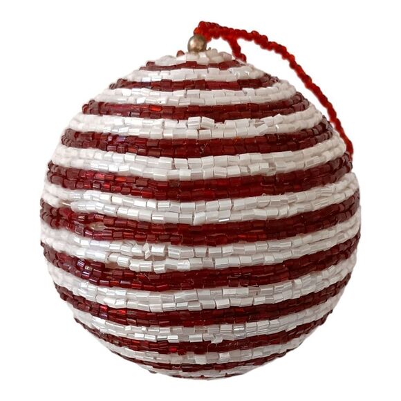 Hand Beaded Christmas Ornament Glass Bugle Beads All Around Red White Vintage. - Picture 4 of 14